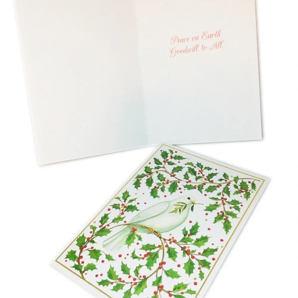 Caspari Peace Dove with Holly Stationery Set - White and Green with Red Berries